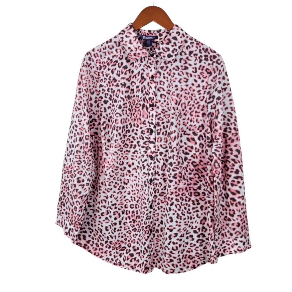 Roamans Plus Size 16W 1X Button Up Top Blouse Cheetah Leopard Pink Professional